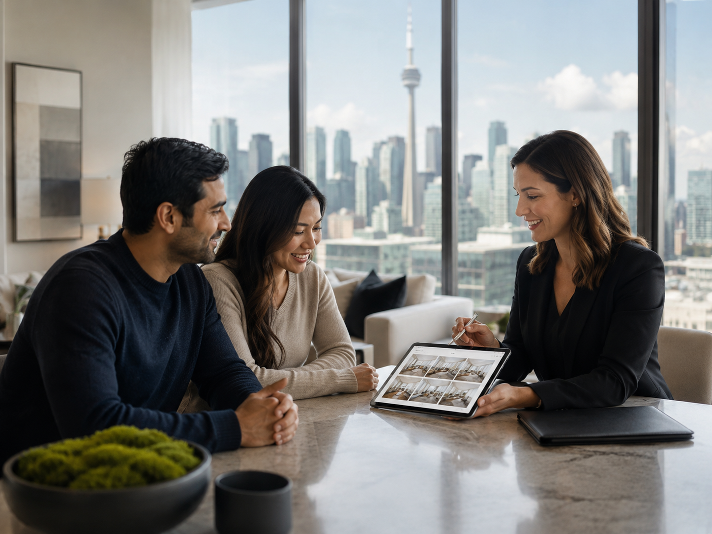 Toronto real estate agent consultation with buyers and skyline backdrop