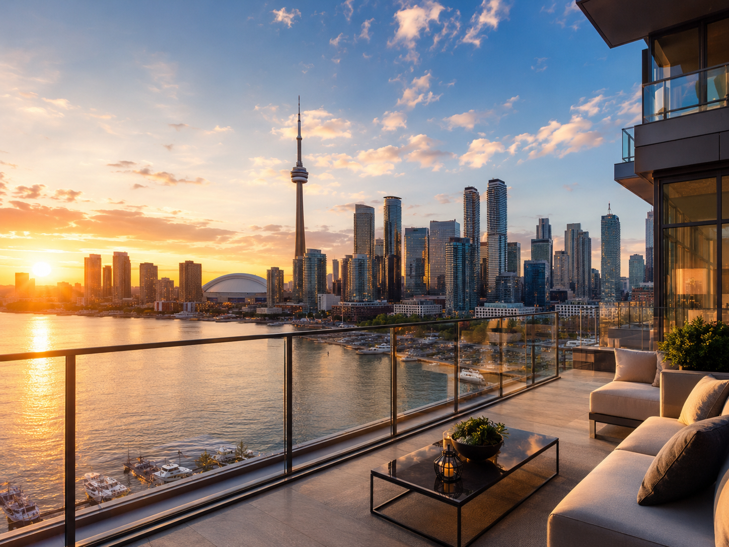 Luxury Toronto condo terrace with skyline sunset view