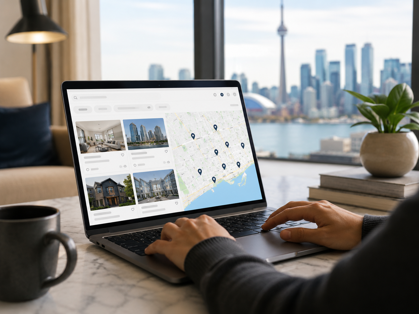 Toronto property listing search platform on a laptop with city skyline view